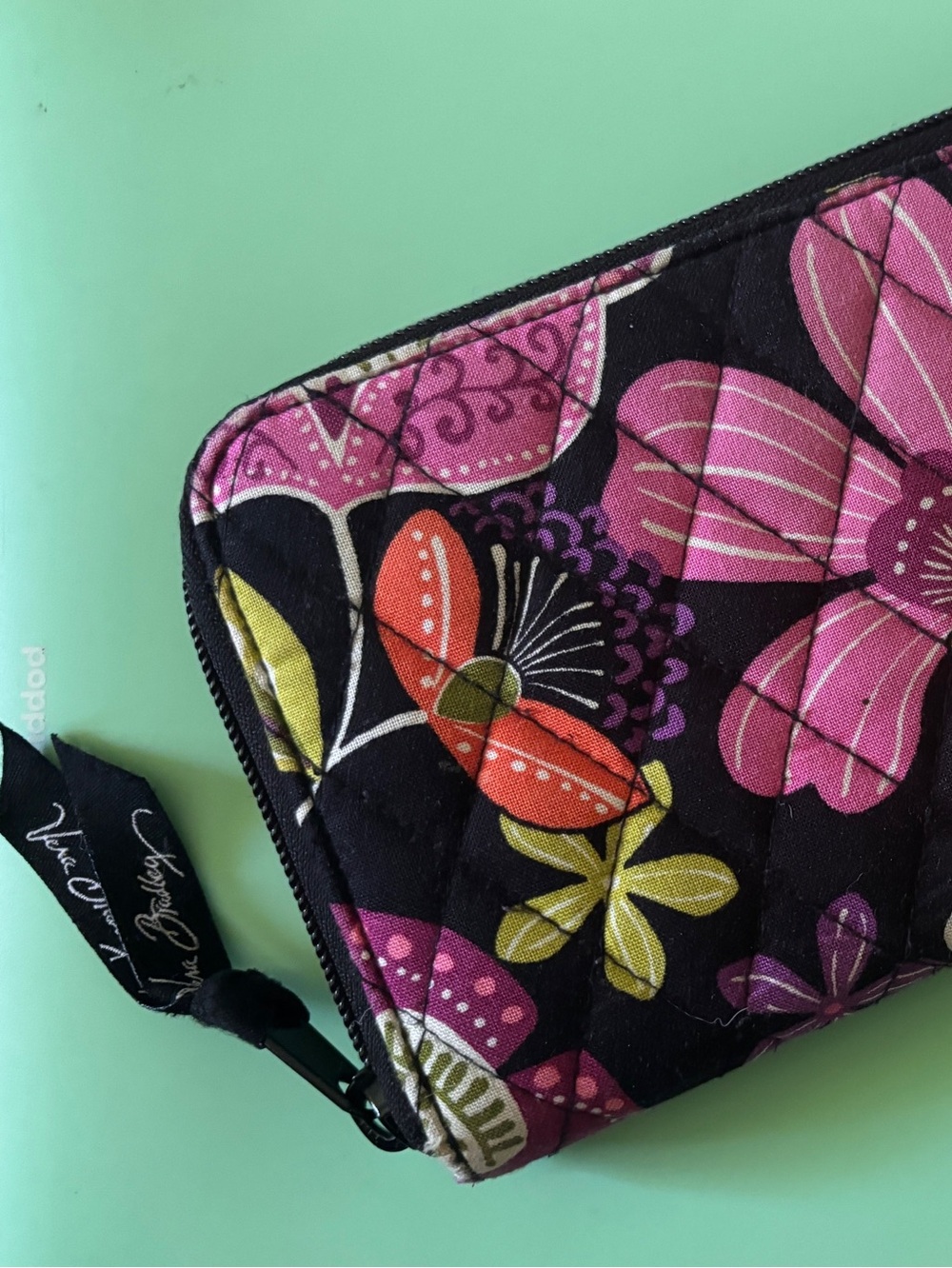 Vera Bradley Black Quilted Wallet with Pink Floral Print - Zippered Clutch